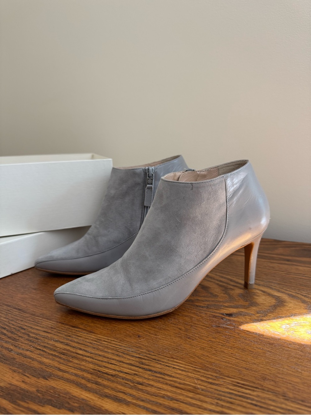LK Bennett Grey Suede & Leather Pointed Ankle Booties